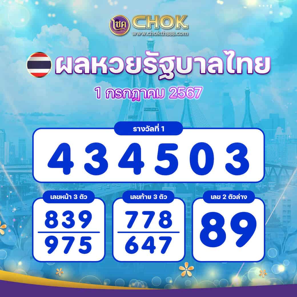 ผลหวยรัฐบาลไทย งวดวันที่ 1 กรกฎาคม 2567