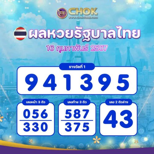 ผลหวยรัฐบาลไทย งวดวันที่ 16 กุมภาพันธ์ 2567