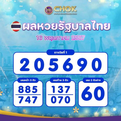 ผลหวยรัฐบาลไทย งวดวันที่ 16 พฤษภาคม 2567