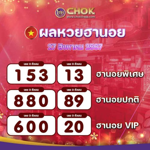 ผลหวยฮานอย งวดวันที่ 27 สิงหาคม 2567