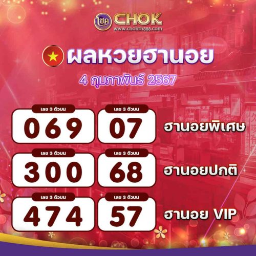 ผลหวยฮานอย งวดวันที่ 4 กุมภาพันธ์ 2567