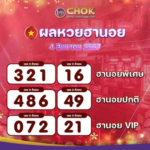 ผลหวยฮานอย งวดวันที่ 4 สิงหาคม 2567